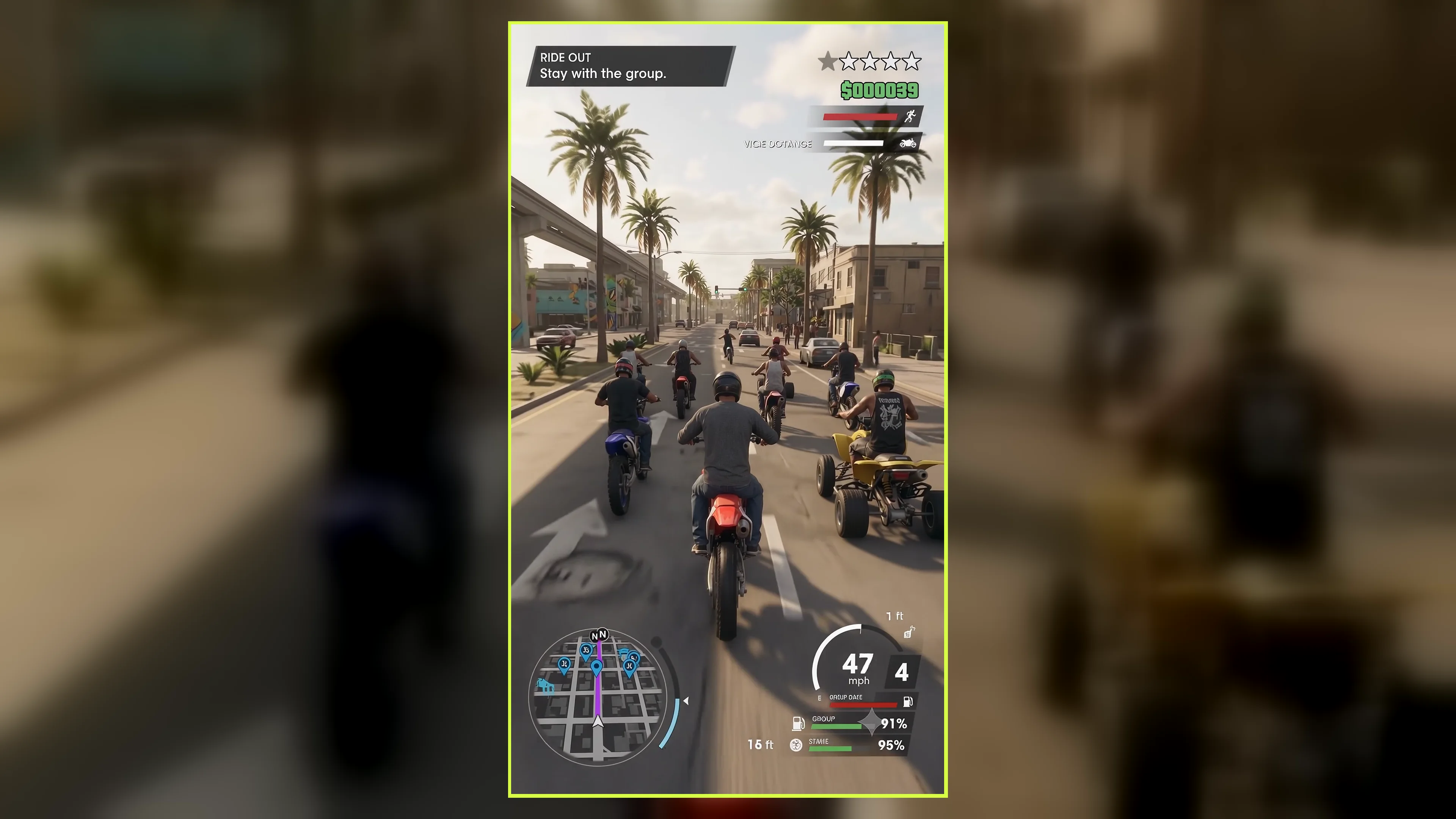AI-generated group ride gameplay frame
