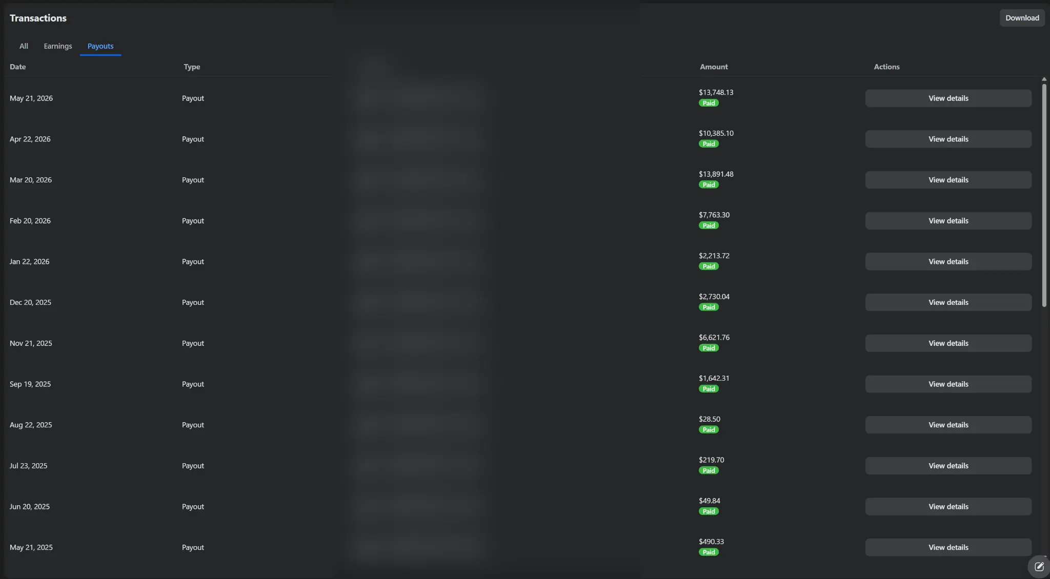 Sanitized historical creator payout history